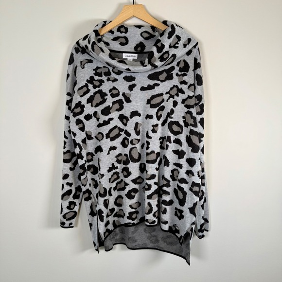 Calvin Klein Cheetah Animal Print Cowl Neck Drapey Pullover Sweater Large NWT - Picture 1 of 6